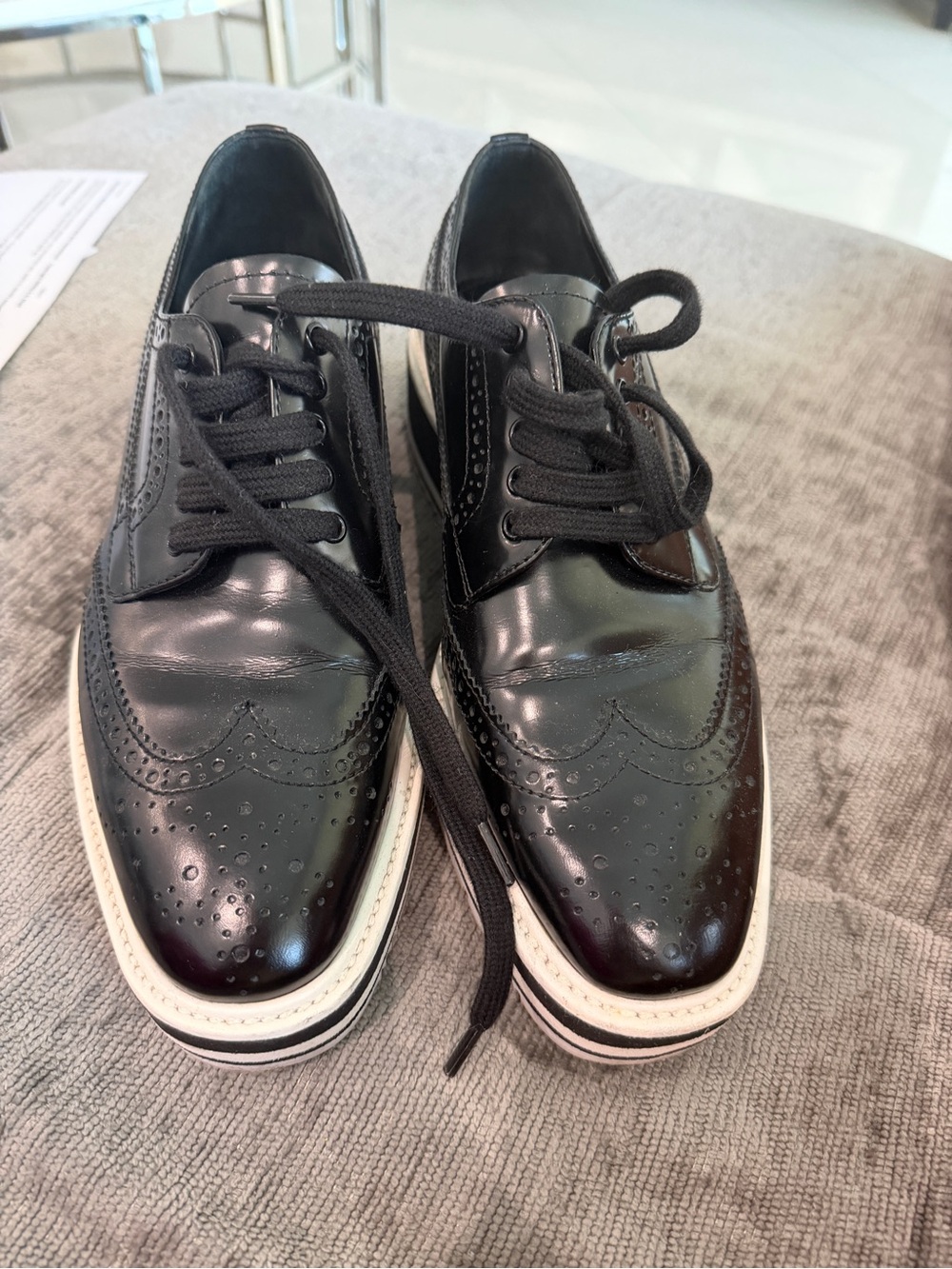Women’s Prada Black Leather Wingtip Platform Brogue Oxfords – Size 37.5
